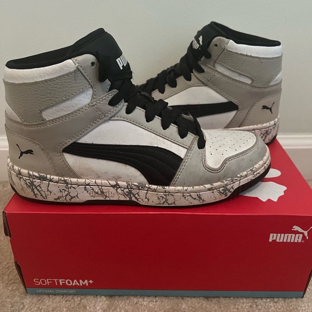 Puma Rebound Mid LayUp Marble High-Top Sneakers in Black and Gray